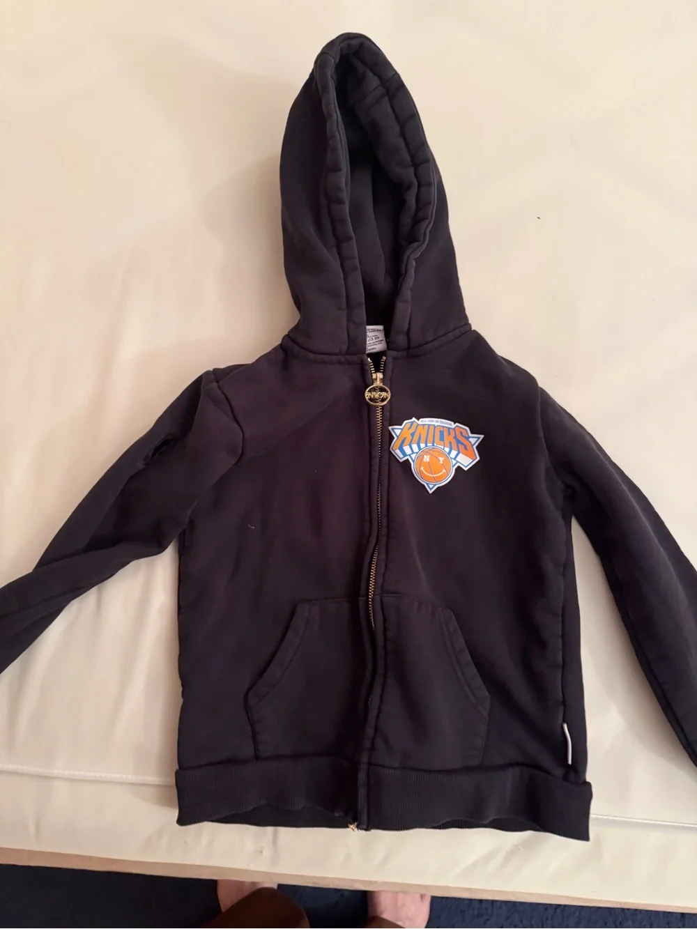 Kids Knicks Black Hoodie with Orange Basketball Graphic